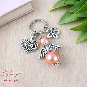 Púder angyalkás kulcstartó - pedagógusnapi ajándék tanárnak, óvónéninek, dadusnak, Táska & Tok, Kulcstartó & Táskadísz, Kulcstartó, Ékszerkészítés, Gyöngyfűzés, gyöngyhímzés, MESKA