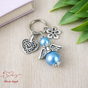 Égszínkék angyalkás kulcstartó - évzáró ajándék tanárnak, óvónéninek, dadusnak, Táska & Tok, Kulcstartó & Táskadísz, Kulcstartó, Ékszerkészítés, Gyöngyfűzés, gyöngyhímzés, MESKA