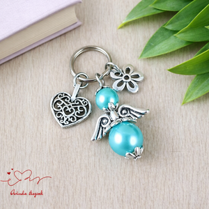 Akvamarin angyalkás kulcstartó - évzáró ajándék tanárnak, óvónéninek, dadusnak, Táska & Tok, Kulcstartó & Táskadísz, Kulcstartó, Ékszerkészítés, Gyöngyfűzés, gyöngyhímzés, MESKA