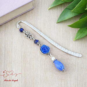 Sötétkék rózsás könyvjelző - Anyák napi apró figyelmesség #76, Könyv & Zene, Könyvjelző, Ékszerkészítés, Gyöngyfűzés, gyöngyhímzés, MESKA