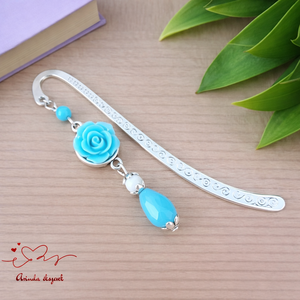 Világoskék rózsás könyvjelző - Anyák napi apró figyelmesség #1, Könyv & Zene, Könyvjelző, Ékszerkészítés, Gyöngyfűzés, gyöngyhímzés, MESKA