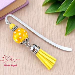 Sárga vidám pöttyös bojtos könyvjelző � kedves ajándék pedagógusnak , Könyv & Zene, Könyvjelző, Ékszerkészítés, Gyöngyfűzés, gyöngyhímzés, MESKA