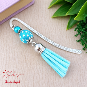 Türkiz vidám pöttyös bojtos könyvjelző � kedves ajándék pedagógusnak , Könyv & Zene, Könyvjelző, Ékszerkészítés, Gyöngyfűzés, gyöngyhímzés, MESKA