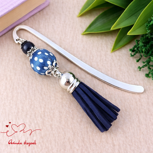 Sötétkék vidám pöttyös bojtos könyvjelző � kedves ajándék pedagógusnak , Könyv & Zene, Könyvjelző, Ékszerkészítés, Gyöngyfűzés, gyöngyhímzés, MESKA