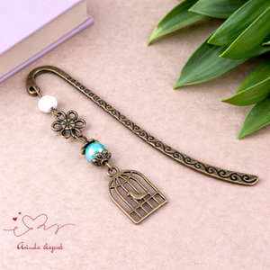 Világoskék madárkalitkás könyvjelző � egyedi, kézműves ajándék olvasóknak, Könyv & Zene, Könyvjelző, Ékszerkészítés, Gyöngyfűzés, gyöngyhímzés, MESKA