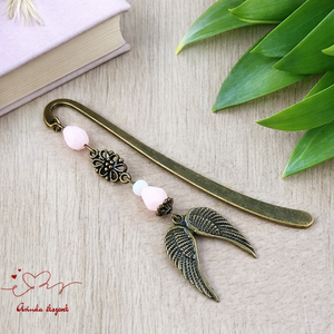 Dupla angyalszárny könyvjelző rózsaszín gyöngyökkel - meghitt karácsonyi ajándék könyvszeretőknek, Könyv & Zene, Könyvjelző, Ékszerkészítés, Gyöngyfűzés, gyöngyhímzés, MESKA