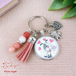 Cuki kutyás üveglencsés kulcstartó rózsaszín bojttal � ajándék gyerekeknek, Táska & Tok, Kulcstartó & Táskadísz, Kulcstartó, Ékszerkészítés, Gyöngyfűzés, gyöngyhímzés, MESKA