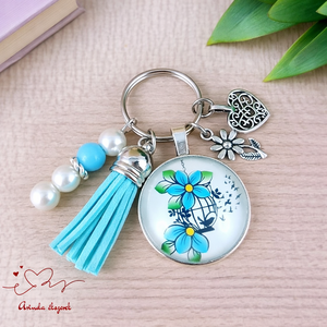 Kék virág kalitka üveglencsés kulcstartó bojttal � romantikus ajándék, Táska & Tok, Kulcstartó & Táskadísz, Kulcstartó, Ékszerkészítés, Gyöngyfűzés, gyöngyhímzés, MESKA