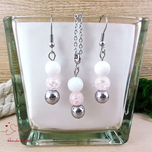 Gondoskodás rózsaszín hegyikristály hematit jade ásvány nyaklánc fülbevaló orvosi fém nemesacél szerelékkel - Meska.hu