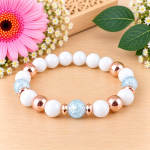 Napsütötte ragyogás kék hegyikristály rosegold hematit jade ásvány karkötő - ékszer - karkötő - ásványkarkötő - Meska.hu