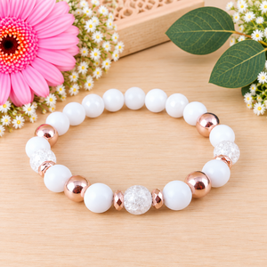 Napsütötte ragyogás fehér hegyikristály rosegold hematit jade ásvány karkötő - ékszer - karkötő - ásványkarkötő - Meska.hu
