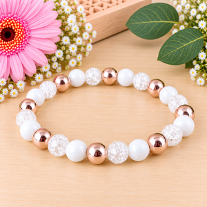 Napsütötte ragyogás fehér hegyikristály rosegold hematit jade ásvány karkötő - ékszer - karkötő - ásványkarkötő - Meska.hu