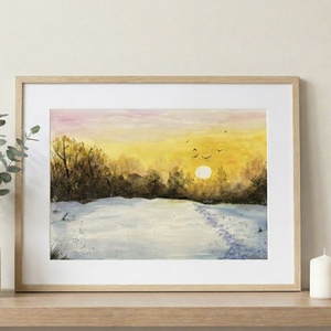 Eredeti akvarell - Téli naplemente, Művészet, Festmény, Akvarell, Festészet, MESKA