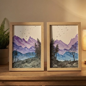 Eredeti akvarell - Lila-kék hegyek, tájkép fenyővel, madarakkal, Művészet, Festmény, Akvarell, Festészet, MESKA