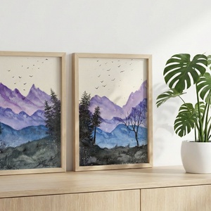 Eredeti akvarell - Lila-kék hegyek, tájkép fenyővel, madarakkal - művészet - festmény - akvarell - Meska.hu