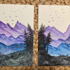 Eredeti akvarell - Lila-kék hegyek, tájkép fenyővel, madarakkal - művészet - festmény - akvarell - Meska.hu