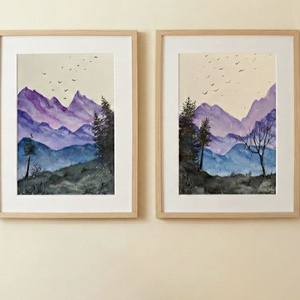 Eredeti akvarell - Lila-kék hegyek, tájkép fenyővel, madarakkal - művészet - festmény - akvarell - Meska.hu