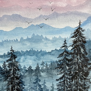 Eredeti akvarell hegyek (A4), fenyők, madarak, Művészet, Festmény, Akvarell, Festészet, MESKA