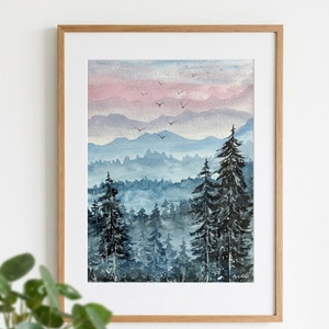 Eredeti akvarell hegyek (A4), fenyők, madarak - művészet - festmény - akvarell - Meska.hu