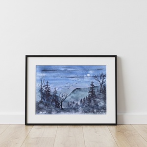 Eredeti akvarell - Telihold, éjszaka, fenyők, fák, madarak, misztikum - művészet - festmény - akvarell - Meska.hu