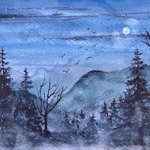 Eredeti akvarell - Telihold, éjszaka, fenyők, fák, madarak, misztikum, Művészet, Festmény, Akvarell, Festészet, MESKA