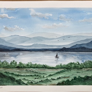 Eredeti akvarell 30x40 cm - Vitorlás a tavon, Művészet, Festmény, Akvarell, Festészet, MESKA