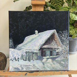 Téli kunyhó olajfestmény, Művészet, Festmény, Olajfestmény, Festészet, MESKA