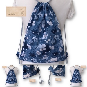 Cseresznyefavirág mintás, VÍZÁLLÓ gymbag hátizsák farmerkék színben - Meska.hu