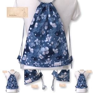 Cseresznyefavirág mintás, VÍZÁLLÓ gymbag hátizsák farmerkék színben, Táska & Tok, Hátizsák, Hátizsák, Varrás, Hímzés, MESKA