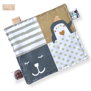 Róka, mackó, mosómedve, hód, és pingvin mintás  címkekendő, szundi-párna, készségfejlesztő babajáték - Artiroka design - baba - mama - baba játékok - szundikendő, alvóka - Meska.hu