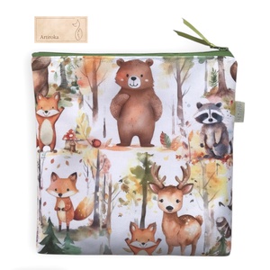 Erdei randevú - Róka, mosómedve, mackó és őz mintás vízálló neszesszer, uzsonna tasak - zipper bag - Artiroka, Táska & Tok, Uzsonna- & Ebéd tartó, Ebéd tasak, doboz, Varrás, Hímzés, MESKA