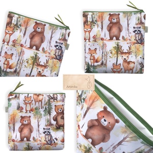 Erdei randevú - Róka, mosómedve, mackó és őz mintás vízálló neszesszer, uzsonna tasak - zipper bag - Artiroka - táska & tok - uzsonna- & ebéd tartó - ebéd tasak, doboz - Meska.hu