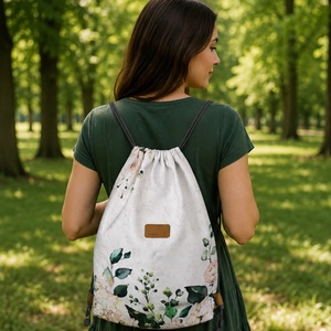 Virágos, rózsa és hortenzia mintás natúr hátizsák   - Artiroka design - Meska.hu
