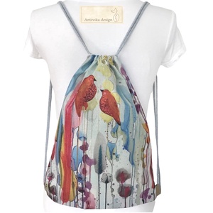 Madarak a nádasban - egyedi akvarell mintás hátizsák  - EGYEDI DARAB - Artiroka design - táska & tok - hátizsák - tornazsák, gymbag - Meska.hu