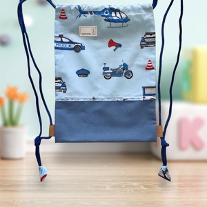 Rendőrautó, helikopter és motor mintás hátizsák, ovis zsák, gymbag tornazsák - ÓVODA - Artiroka design - játék & sport - ovis felszerelés - ovis hátizsák - Meska.hu