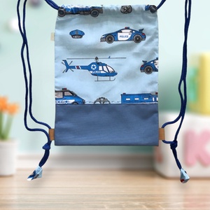 Rendőrautó, helikopter és motor mintás hátizsák, ovis zsák, gymbag tornazsák - ÓVODA - Artiroka design - játék & sport - ovis felszerelés - ovis hátizsák - Meska.hu