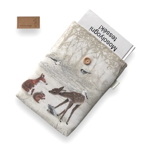 Kisméretű KÖNYVTOK, vagy e-Book tok gombos zárral - róka, mókus, őz nyuszi és cinege madarak mintával - Artiroka design, Táska & Tok, Ebook & Tablet tok, Varrás, Hímzés, MESKA