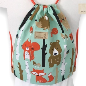 AKCIÓ - Erdei állatok mintás hátizsák, ovis zsák, tornazsák - Mókus, Maci, Süni, Nyuszi  - Artiroka design - játék & sport - ovis felszerelés - ovis hátizsák - Meska.hu