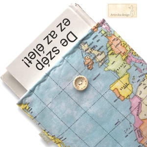 VILÁGJÁRÓ, térkép és földrészek mintás  könyvtok, gombos zárral - Artiroka design, Könyv & Zene, Könyvtok, Varrás, Hímzés, MESKA