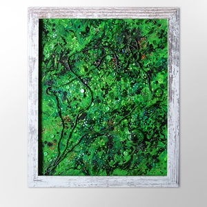KERT - Absztrakt festmény keretezve, zöld színekben (felülnézeti absztrakt alkotás), Művészet, Festmény, Festmény vegyes technika, Festészet, MESKA