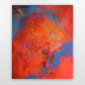 KUTATÁS - 50x60cm - absztrakt festmény - narancs, kék - Meska.hu