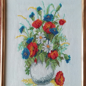 Keretezett falikép gobelin hímzéssel, virágcsokor, Művészet, Textilkép, Gobelin, Hímzés, MESKA