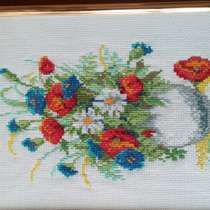 Keretezett falikép gobelin hímzéssel, virágcsokor - művészet - textilkép - gobelin - Meska.hu