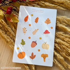 Hangulatos cottagecore matricaszett - Őszi levelek és gombák dekorációs matricák - kellékek & szerszámok - dekorációs kellékek - matricaív - Meska.hu