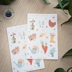 Kézzel rajzolt, tavaszi kert témájú tervező matricák - Cottagecore matricaszett - kellékek & szerszámok - dekorációs kellékek - matricaív - Meska.hu