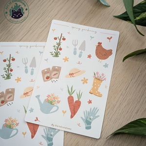Kézzel rajzolt, tavaszi kert témájú tervező matricák - Cottagecore matricaszett - kellékek & szerszámok - dekorációs kellékek - matricaív - Meska.hu