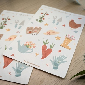 Kézzel rajzolt, tavaszi kert témájú tervező matricák - Cottagecore matricaszett - kellékek & szerszámok - dekorációs kellékek - matricaív - Meska.hu