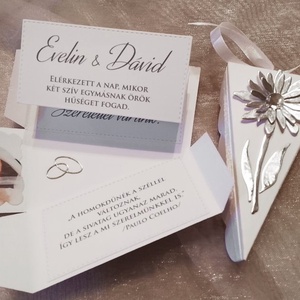 Esküvői meghívó - tortaszelet ezüst százszorszéppel - esküvő - meghívó & kártya - meghívó - Meska.hu
