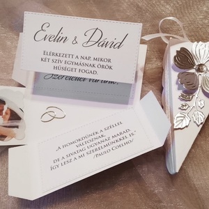 Esküvői meghívó - tortaszelet ezüst cseresznyevirággal - esküvő - meghívó & kártya - meghívó - Meska.hu