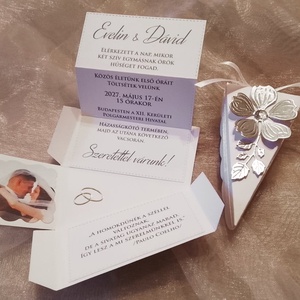 Esküvői meghívó - tortaszelet ezüst cseresznyevirággal - esküvő - meghívó & kártya - meghívó - Meska.hu